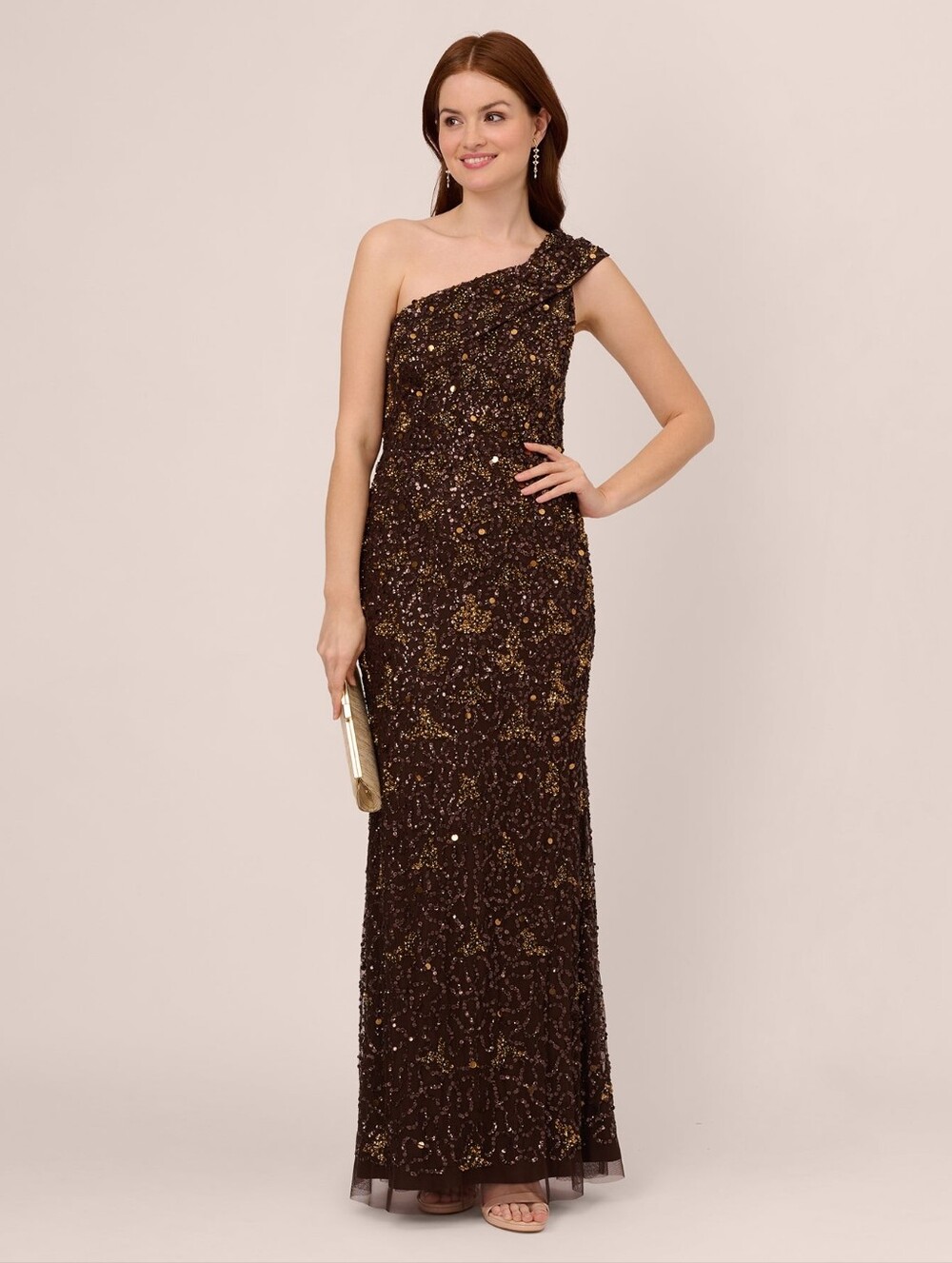Adrianna papell One-Shoulder Brown Sequin Evening Gown